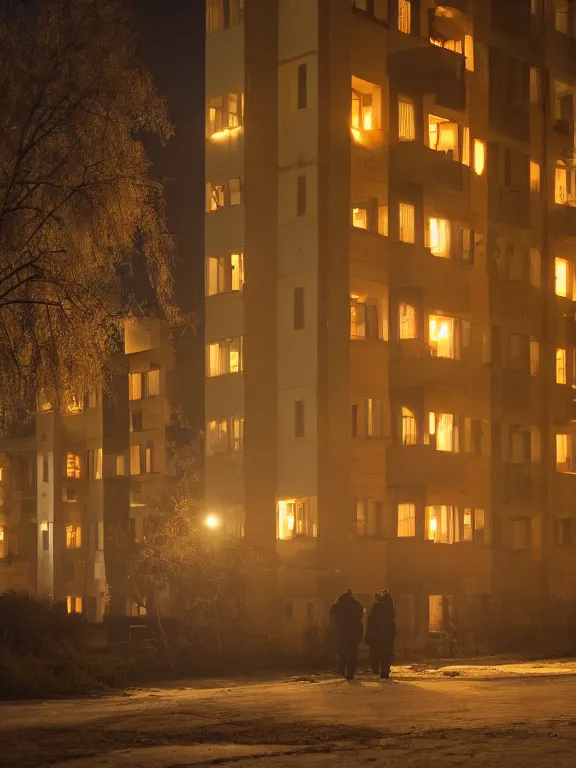 Image similar to film still of low russian residential building in suburbs, lights are on in the windows, deep night, post - soviet courtyard, cozy atmosphere, light fog, street lamps with orange light, several birches nearby, several elderly people stand at the entrance to the building