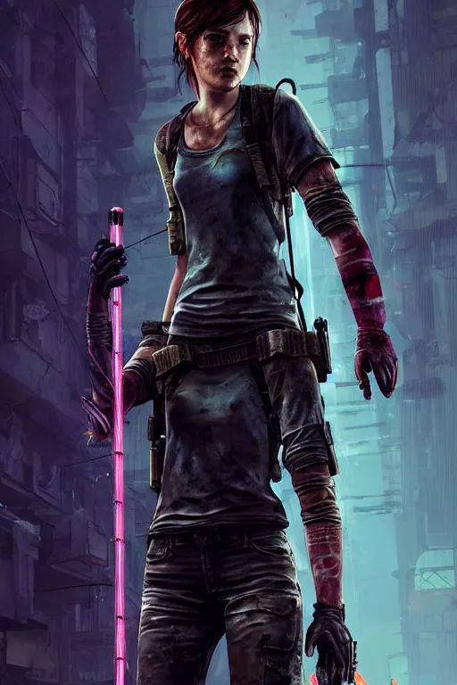 Image similar to ellie from the last of us part 2, cyberpunk futuristic neon. fencing, long sword in her hand, decorated with traditional japanese ornaments by ismail inceoglu dragan bibin hans thoma greg rutkowski alexandros pyromallis nekro rene maritte illustrated, perfect face, fine details, realistic shaded, fine - face, pretty face, masterpiece