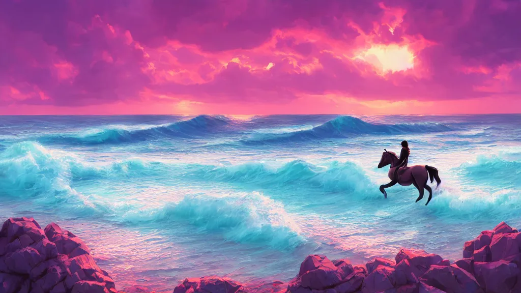 Image similar to a horse riding along a pink beach with impossibly large waves crashing against the shoreline, beautiful twilight sunset background, by sylvain sarrailh, rossdraws, ambient light, ultra detailed, fantasy artwork, 8 k, volumetric lighting, trending on artstation, award winning, very beautiful.