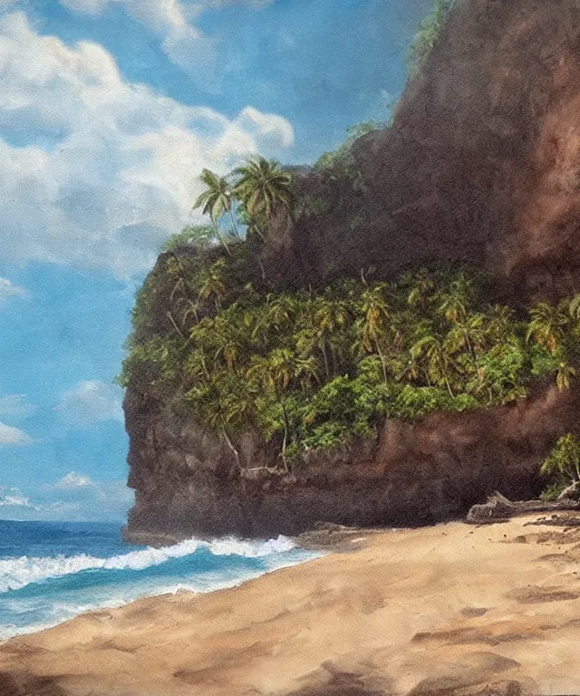 Image similar to photorealistic painting of turtle bay beach jamaica, sharp cliffs, island with cave, dark, atmospheric, brooding, smooth, finely detailed, cinematic, epic, in the style of dave dorman