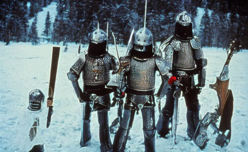 Prompt: Knights with heavy metal armor starring in the shining by stanley kubrick, shot by 35mm film color photography