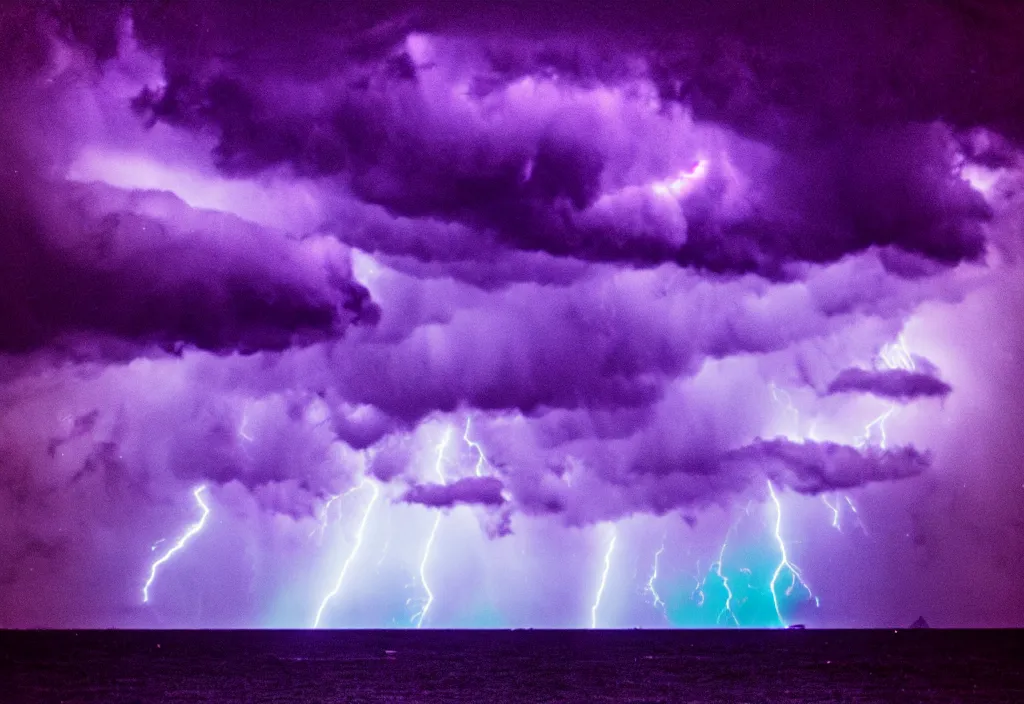 Image similar to purple color lighting storm with stormy sea, pirate ship firing its cannons real life trippy nebula sky 50mm shot fear and loathing movie