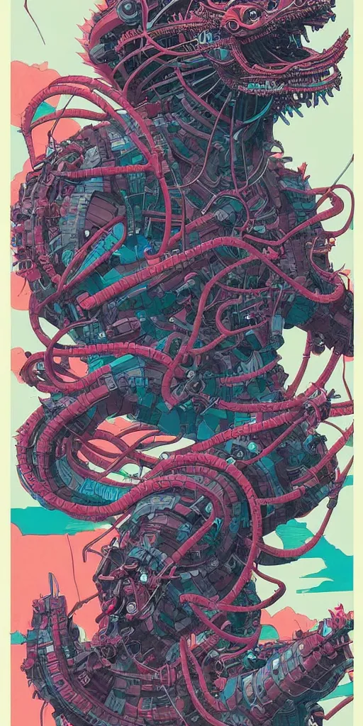 Image similar to a detailed design drawings of a colorful cyberpunk mechanical kaiju creature by tomer hanuka and by katsuhika hokusai trending on artstation