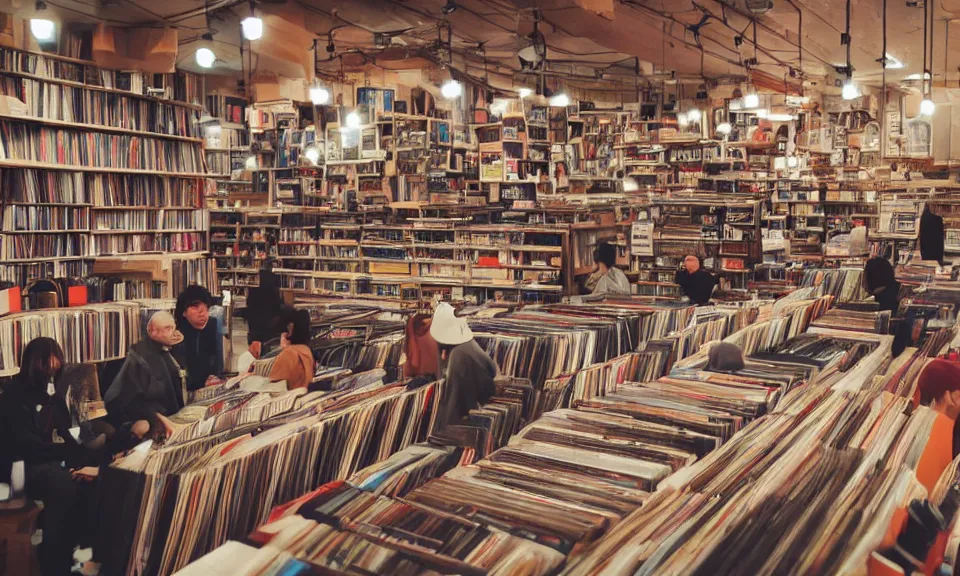 Image similar to interior of a record store, cozy atmosphere, anime style, customers talking to each other, highly detailed