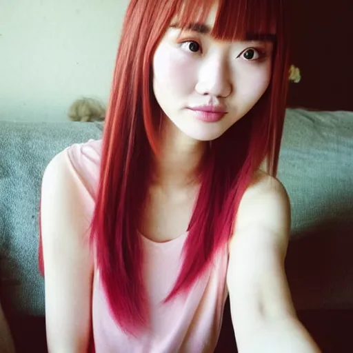 Prompt: selfie photograph of a cute thin petite chinese young woman with light pink hair, long hair, with full bangs, youthful face, small nose, porcelain skin tone, red blush, wearing casual clothes, small smile, relaxing on a couch, cozy living room, medium shot, 8 k, trending on instagram, trending on pinterest, portra 4 0 0