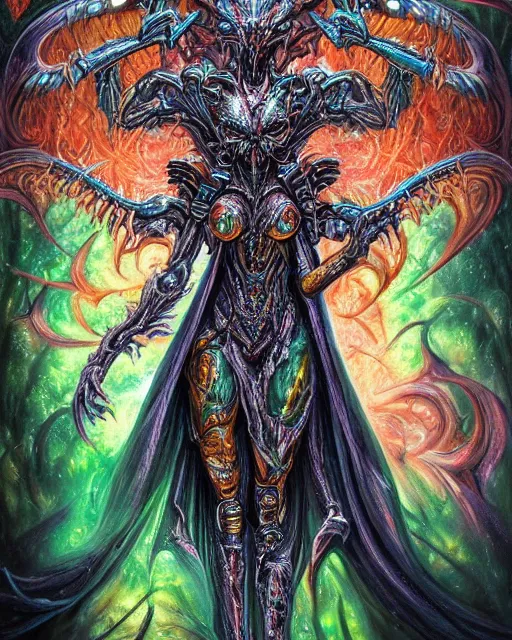 Image similar to silver mechanical charred bloody fleshmetal cyborg daemonhost woman psychedelic flamer of tzeentch with weaponized extra arms, blue and green rainbow fire, by antonio j. manzanedo, alex grey, android jones, wayne barlowe, philippe druillet, josephine wall, harumi hironaka, cronenburg, trending on artstation