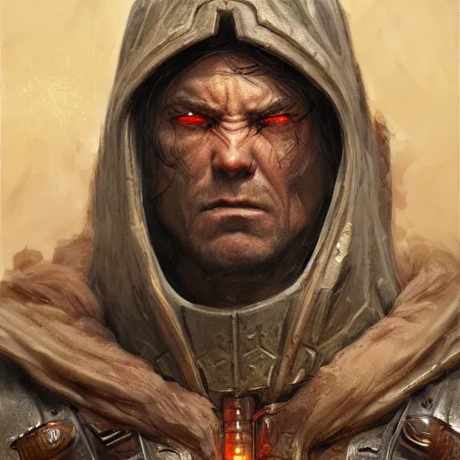 Prompt: the hooded doomslayer as a realistic d & d fantasy character, closeup portrait art by donato giancola and greg rutkowski, vintage retro, realistic face, digital art, trending on artstation, symmetry!!