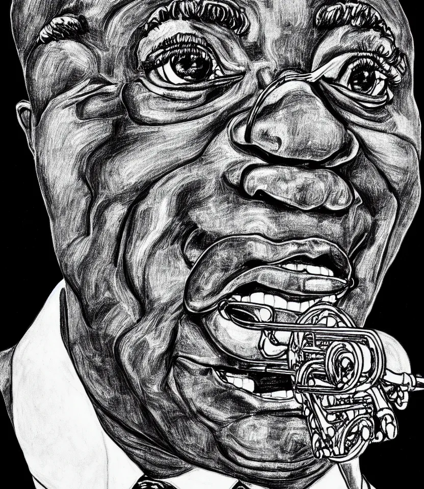 Image similar to detailed line art portrait of louis armstrong, inspired by egon schiele. caricatural, minimalist, bold contour lines, musicality, soft twirls curls and curves, confident personality, raw emotion