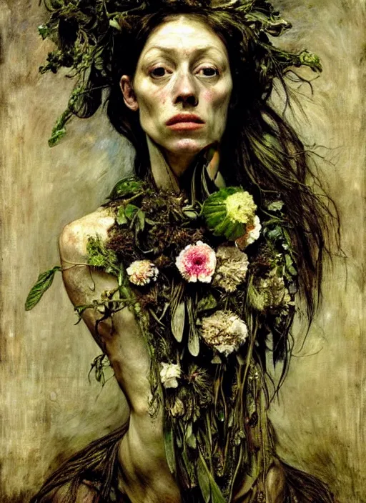 Image similar to beautiful and detailed rotten woman made of plants and many different types of flowers, muscles, intricate, organs, ornate, surreal, john constable, guy denning, gustave courbet, caravaggio, romero ressendi sorolla