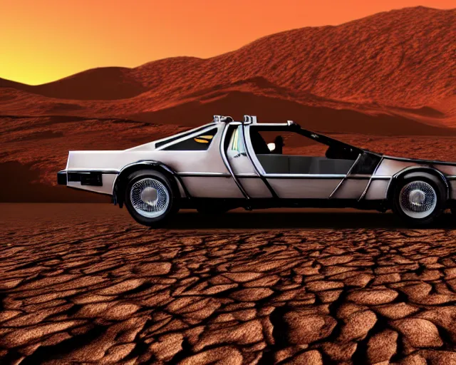 Prompt: doc brown and the delorean on mars, sunset, volumetric light