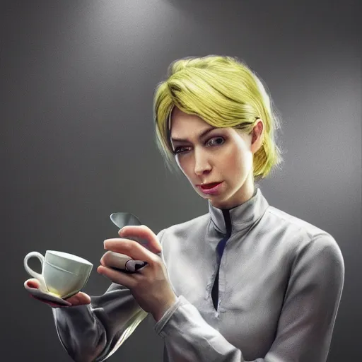 Image similar to stunning award winning hyperrealistic hdr 8 k highly detailed portrait photo of glados drinking tea