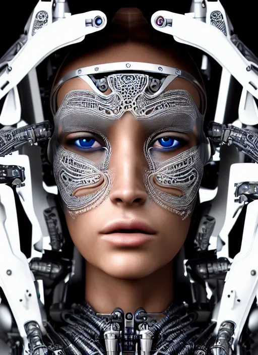 Image similar to a stunning young female cyborg profile face, face is made intricate tribal bio - mechanical, unreal engine, glamor shot, nikon d 7 5 0, closeup, f / 2. 8, low contrast, 1 6 k, rim lighting, optical fiber, cinematic lighting, insanely detailed and intricate, hypermaximalist, elegant, ornate, hyper realistic,