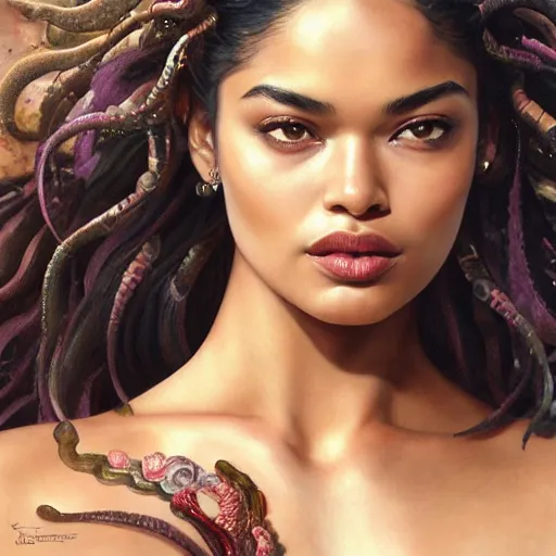 Image similar to Portrait of a Shanina Shaik as Medusa, Watercolor, photorealistic, high resolution, award winning, trending on artstation, olive skin, long dark hair, beautiful bone structure, intricate, elegant, highly detailed, digital painting, artstation, concept art, smooth, sharp focus, illustration, art by artgerm and greg rutkowski and alphonse mucha