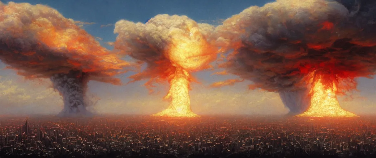 Prompt: A nuclear bomb explodes over manhatten giant mushroom cloud, beautiful matte painting, michael whelan, frank frazetta, sid mead, thomas kinkade, rodney mathews, trending on artstation