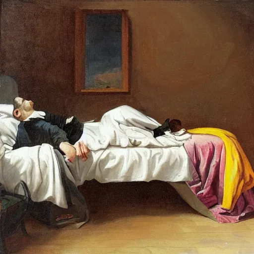 Prompt: an ai watches the last human die peacefully in bed painted in the style of Nicolaes Tulp