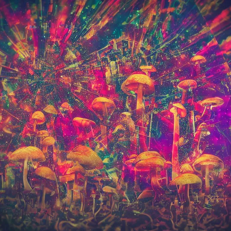 Image similar to double exposure of dally life, symbols of live, explosion, cyber mushroom city, love is the most relevant theme, love is infinity, love is begin of all, 8 k resolution, artistic mode, artistic, trending on instagram, long exposure, love art, serious, fantasy and dreams vibes, mushrooms style and macro style, colorful picture