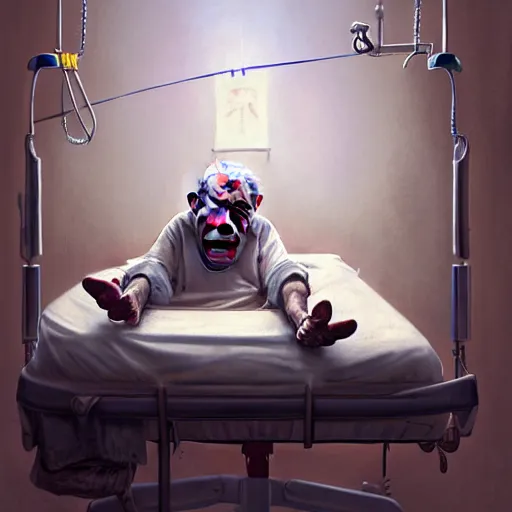 Image similar to crazy elderly clown lying in hospital bed with wrist restraints on, attached to hospital bed siderails, greg rutkowski, photograph, 8 k