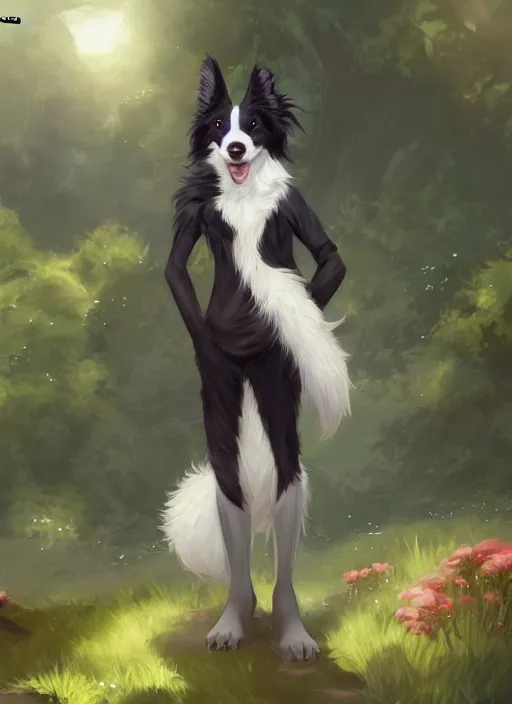 Image similar to wide angle beautiful full body portrait of a cute male anthropomorphic anthro border collie fursona in a park, character design by charlie bowater, henry asencio, and ross tran, disney, anime, scenic background, detailed, glamor pose, aesthetic, trending on artstation, furaffinity, deviantart