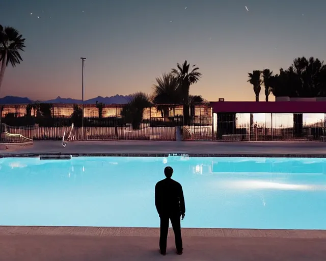 Image similar to a man standing next to a swimming pool outside a motel with a neon sign in the desert at night, in the style of hiroshi nagai