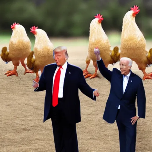 Prompt: donald trump and joe biden fighting against giant chickens together
