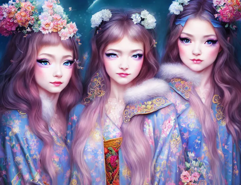 Image similar to two beautiful fashion siberian girls wear fantasy kimono in festival | | big eyes, sunny, dreamlike art, realistic shaded, smile, good looking, hyper details, 4 k realistic, cryengine, realistic shaded lighting poster by artgerm, ross tran, fuji choko, loish, 8 k resolution, trending on artstation, luxury