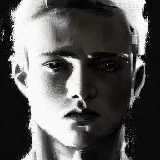 Image similar to Portrait of a man by Greg Rutkowski, he is about 20 years old, west slav features, short blonde hair with bangs, attractive, smart looking, slim, somewhat androgenic, he is wearing a white and black utilitarian jumpsuit, highly detailed portrait, scifi, digital painting, artstation, concept art, smooth, sharp foccus ilustration, Artstation HQ