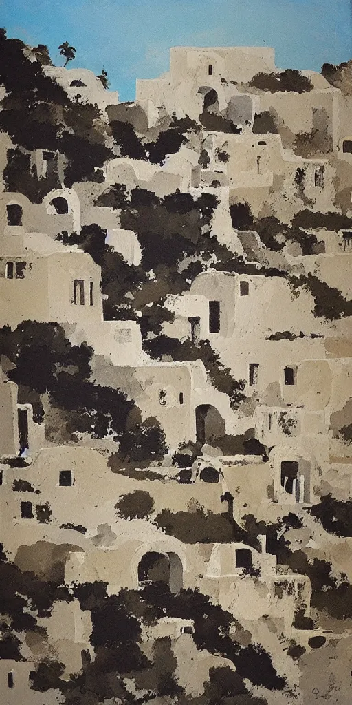 Image similar to overgrown ruins of santorini, painting by ashley wood