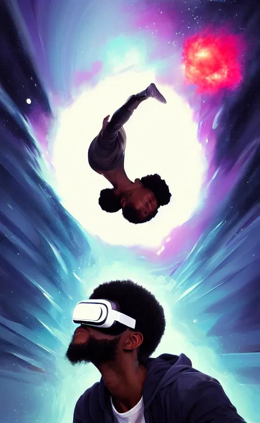 Prompt: handsome black genius hacking the metaverse, vr headset, white t - shirt and jordans, flying through spacetime, exploding nebulae, highly detailed, digital painting, artstation, concept art, smooth, sharp focus, illustration, art by wlop, uang guangjian and gil elvgren and sachin teng and greg rutkowski