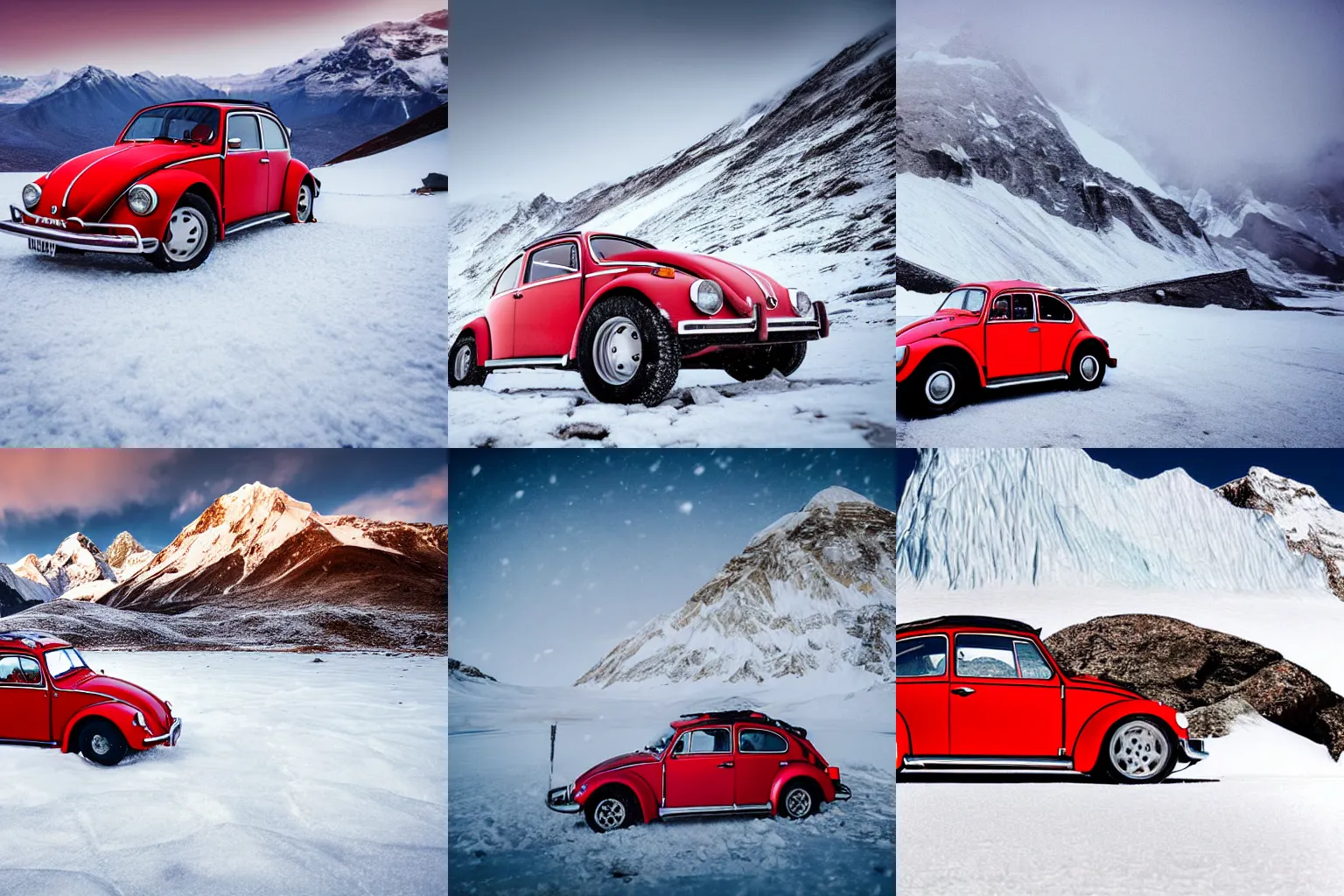 Prompt: extreme long shot of a snowy red 1970 vw beetle standing on mount everest, bright headlights, award winning photo, snow, high detail, desolate, atmospheric, 8k