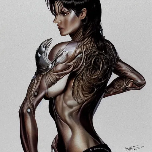 Image similar to Portrait of Witchblade, intricate upper body, whole body, highly detailed, digital painting, artstation, concept art, smooth, sharp focus, illustration, art by Hajime Sorayama