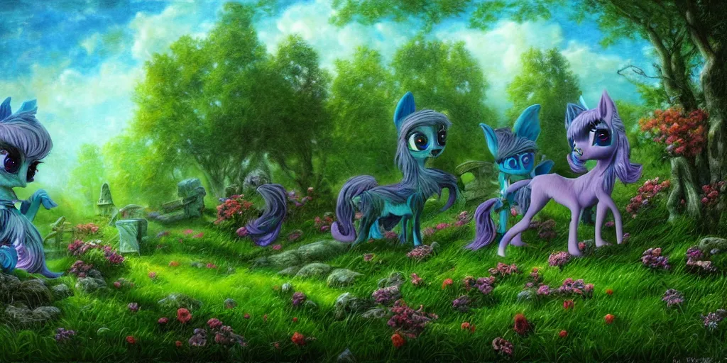 Prompt: 3 d littlest pet shop horse, realistic fur, faery, celtic, spooky, graves, crypt, flowers, storm, blues, greens, teals, dark contrast, spooky, master painter and art style of noel coypel, art of emile eisman - semenowsky, art of edouard bisson