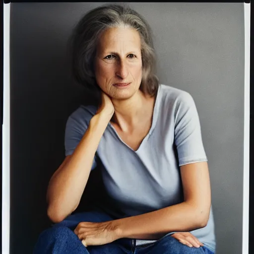 Image similar to portrait of a beautiful woman, front view. casual clothing. studio photo by annie leibovitz.