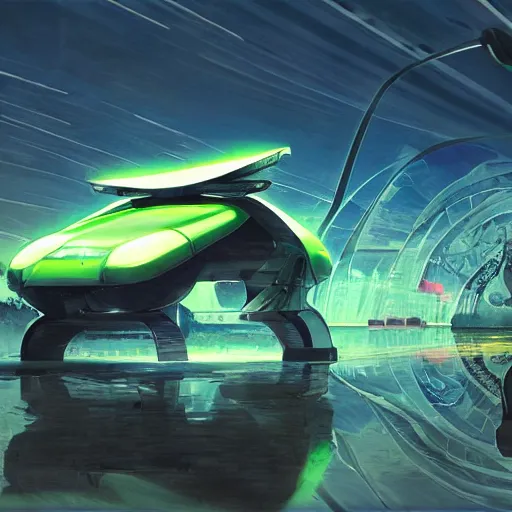 Image similar to solarpunk hovercar, clean energy, green technology, batoidea shape, airspace, sunny day, futurism, intricate, engines, glow, highly detailed, peaceful, utopia, bright, digital painting, artstation, concept art, smooth, sharp focus, epic landscape, art by akihiko yoshida and tim mcburnie and anato finnstark