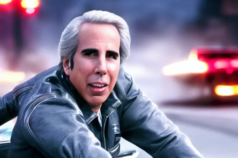 Image similar to henry winkler without a helmet, close up, racing a motorcycle in the fast and the furious movie, explosions, octane render, 4 k, hyper realistic, cinematic lighting