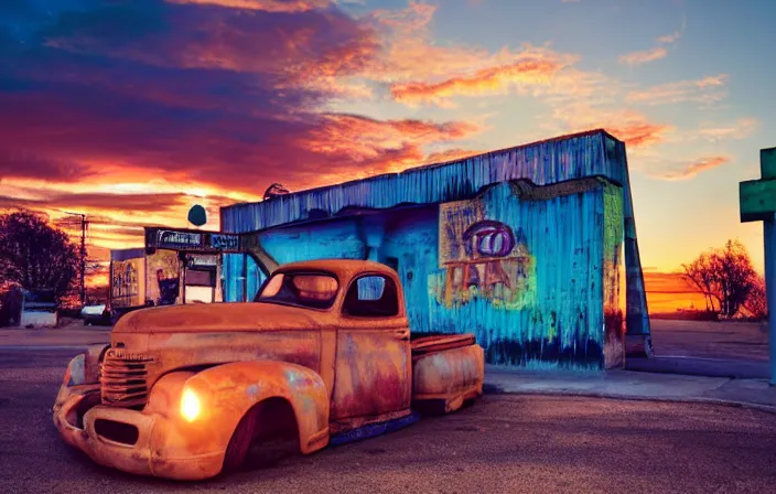 Image similar to a sunset light landscape with historical route 6 6, lots of sparkling details and sun ray ’ s, blinding backlight, smoke, volumetric lighting, colorful, octane, 3 5 mm, abandoned gas station, old rusty pickup - truck, beautiful epic colored reflections, very colorful heavenly, softlight