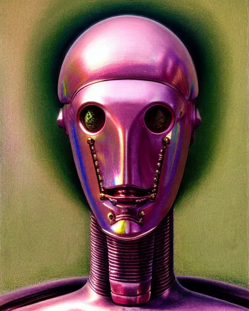 Prompt: hyperrealistic hyperdetailed medieval mechanical iridescent pink humanoid smirking concept art santiago caruso de chirico sharp very dramatic green light 8k low angle shallow depth of field