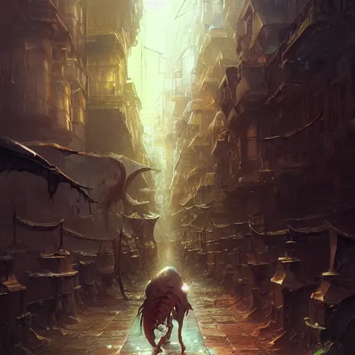 Image similar to Book of the New Sun concept art of Lictor walking through streets by Yoshitaka Amano, Greg Rutkowski, Anato Finnstark, and Barlowe