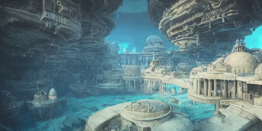 Image similar to a beautiful digital illustration of a domed underwater city by beeple | Byzantine architecture | cinematic | unreal engine | octane | photorealistic |