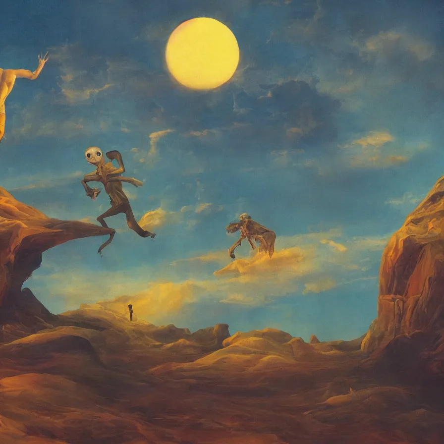 Image similar to a surreal landscape of a frightened man chased by ghosts in a vast desert lit by two scary moons, deeply texural, saturated color scheme