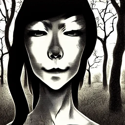 Image similar to in the style of junji ito, artgerm, shinsui ito, transparent ghost screaming, in the woods, moody lighting