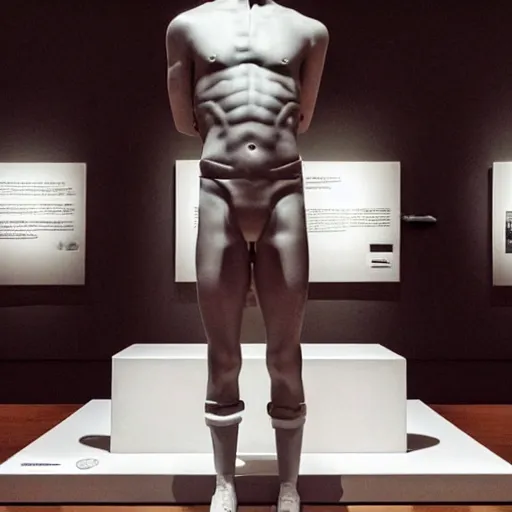 Image similar to “ a realistic detailed photo of a guy who is an attractive humanoid who is half robot and half humanoid, who is a male android, soccer player antoine griezmann, shiny skin, posing like a statue, blank stare, at the museum, on display ”