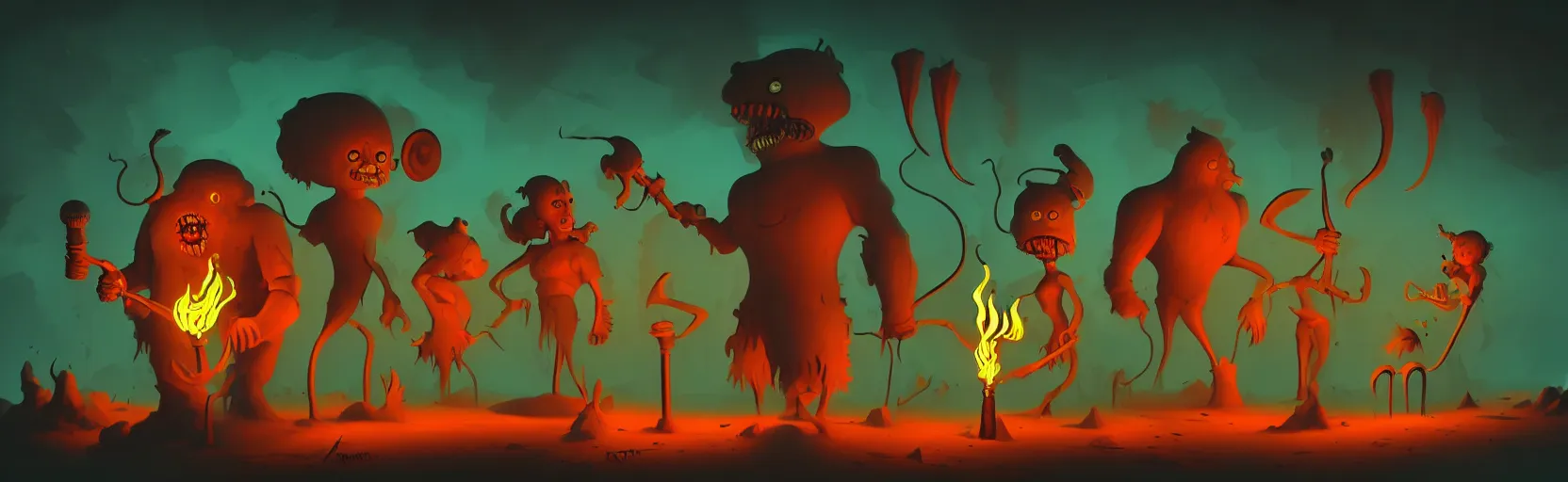 Image similar to uncanny whimsical savage mutants from the depths of a vast wasteland in the collective unconscious, dramatic lighting from fiery torches, surreal fleischer cartoon characters, shallow dof, surreal painting by ronny khalil