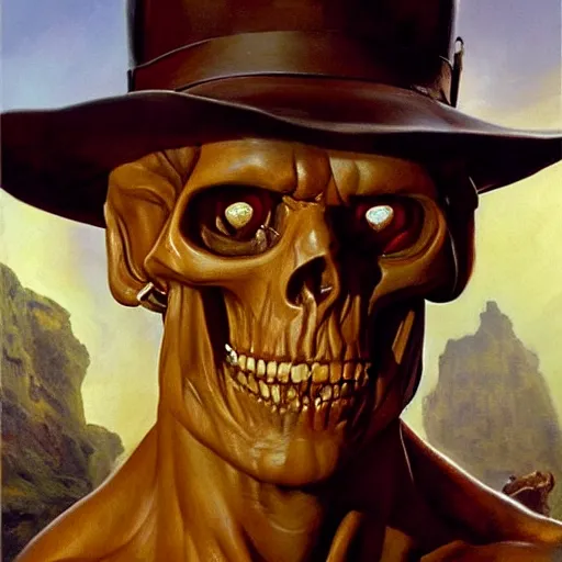 Image similar to ultra realistic portrait painting of skeletor as indiana jones, art by frank frazetta, 4 k, ultra realistic, highly detailed, epic lighting