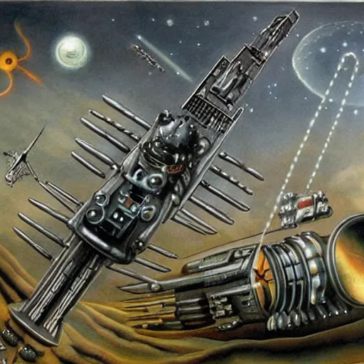 Image similar to atompunk space ship sailing the infinite cosmos, grand scale, raygun gothic style, painting by h. r. giger