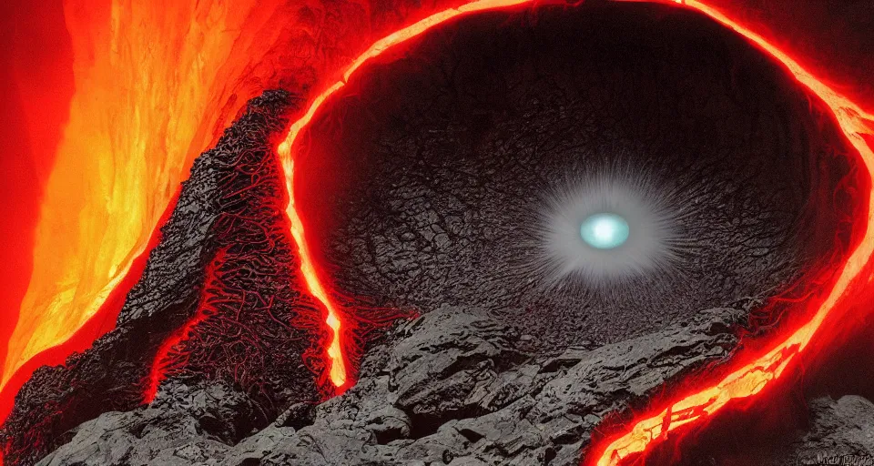 Image similar to a volcano made of ivory vines and crimson rocks enters in eruption, it spits a smoke in the shape of demonic eye, by David A. Hardy