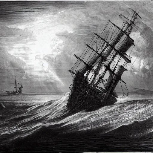 Image similar to giant sea dragon attacking a ship, by gustave dore