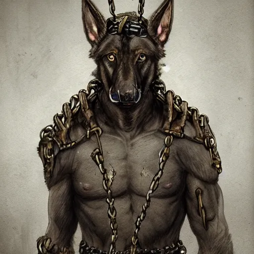 Image similar to a wounded humanoid german shepherd beast - man in military style, his hands are covered with chains, sitting on the bed, highly detailed portrait, digital painting, artstation, concept art, smooth, sharp foccus ilustration, artstation