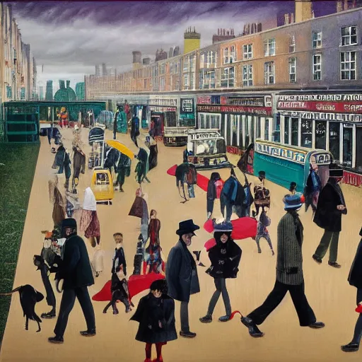 Prompt: oil painting of mornington crescent, rain in the southeast, men wearing bowler hats, kids with spats on their shoes, ladies with chauffeurs, dogs wearing hats and jackets, rich apartments, old punk posters, tartan garments, by neo rauch, by peter blake