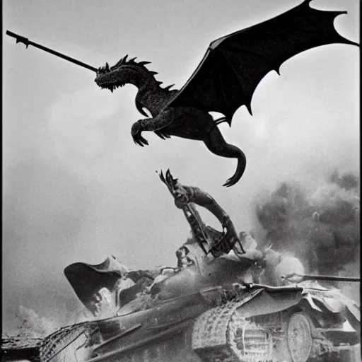 Image similar to black and white photo Dragons in Battle of Kursk WWII, dragons flying, tanks