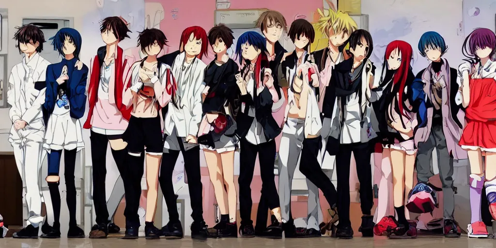 Image similar to 2 anime girls posing with 6 anime boys